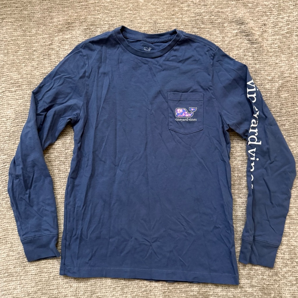 Vineyard Vines Kids Long Sleeve Pocket Tee Navy Floral Whale‎ Small (7–8)